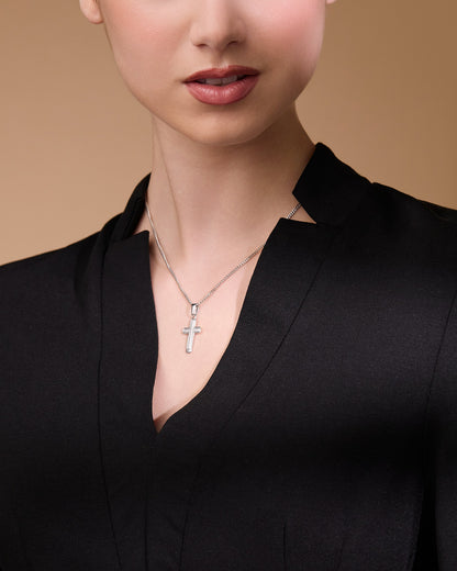 Sterling Silver Cross Pendant With Satin Interior and Rounded Corners
