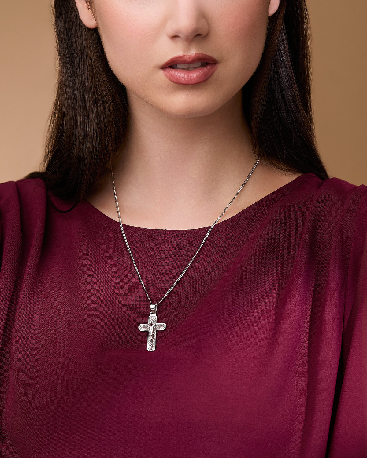 Sterling Silver Crucifix Pendant with Detailed Angled Lines