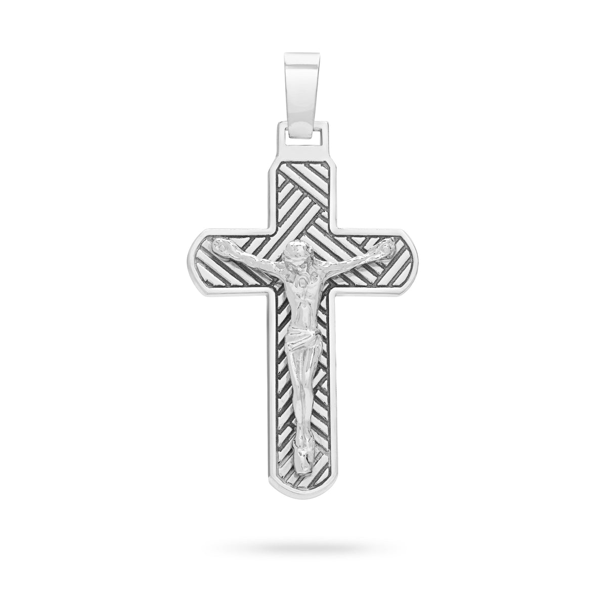 Sterling Silver Crucifix Pendant with Detailed Angled Lines