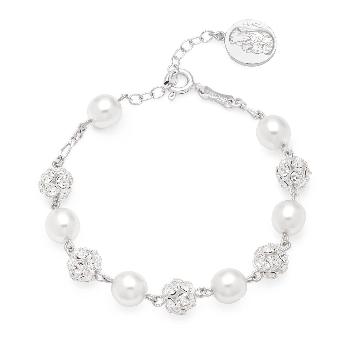 Sterling Silver Rosary Bracelet with Rhinestone and Synthetic Pearl Beads