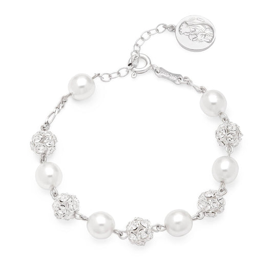 Sterling Silver Rosary Bracelet with Rhinestone and Synthetic Pearl Beads