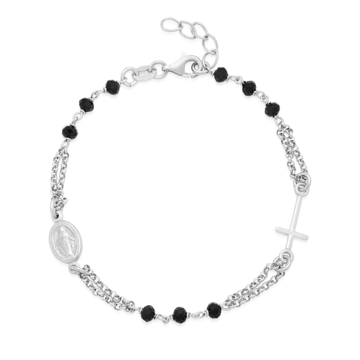 Sterling Silver Double Strand Bracelet with Black Beads Featuring the Miraculous Medal and a Cross