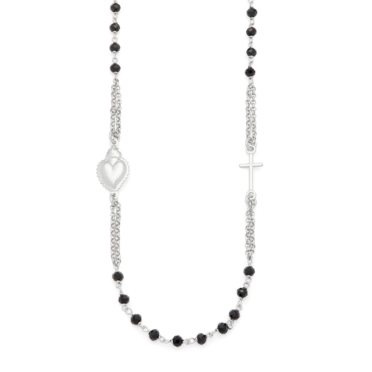 Sterling Silver Double Strand Rosary Necklace with Black Beads and the Sacred Heart of Jesus