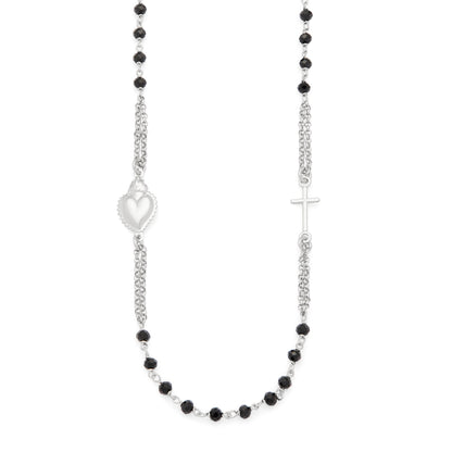 Sterling Silver Double Strand Rosary Necklace with Black Beads and the Sacred Heart of Jesus