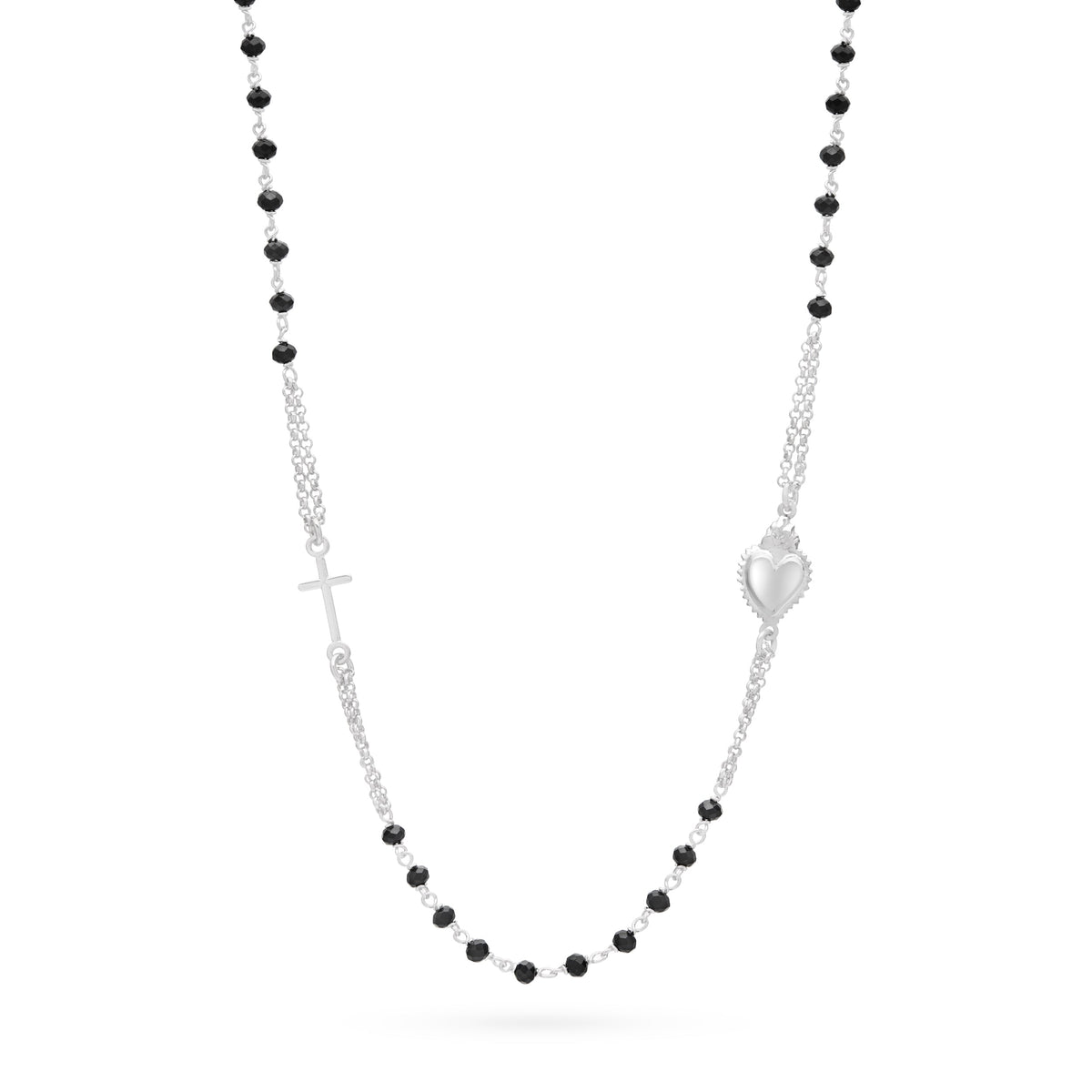 Sterling Silver Double Strand Rosary Necklace with Black Beads and the Sacred Heart of Jesus