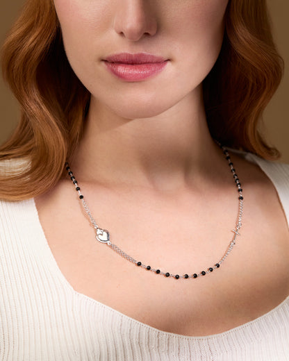 Sterling Silver Double Strand Rosary Necklace with Black Beads and the Sacred Heart of Jesus