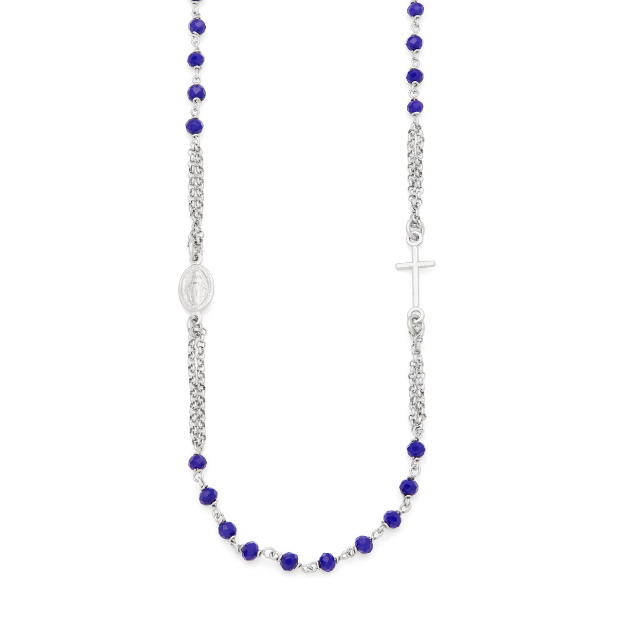 Sterling Silver Double Strand Rosary Necklace with Blue Beads