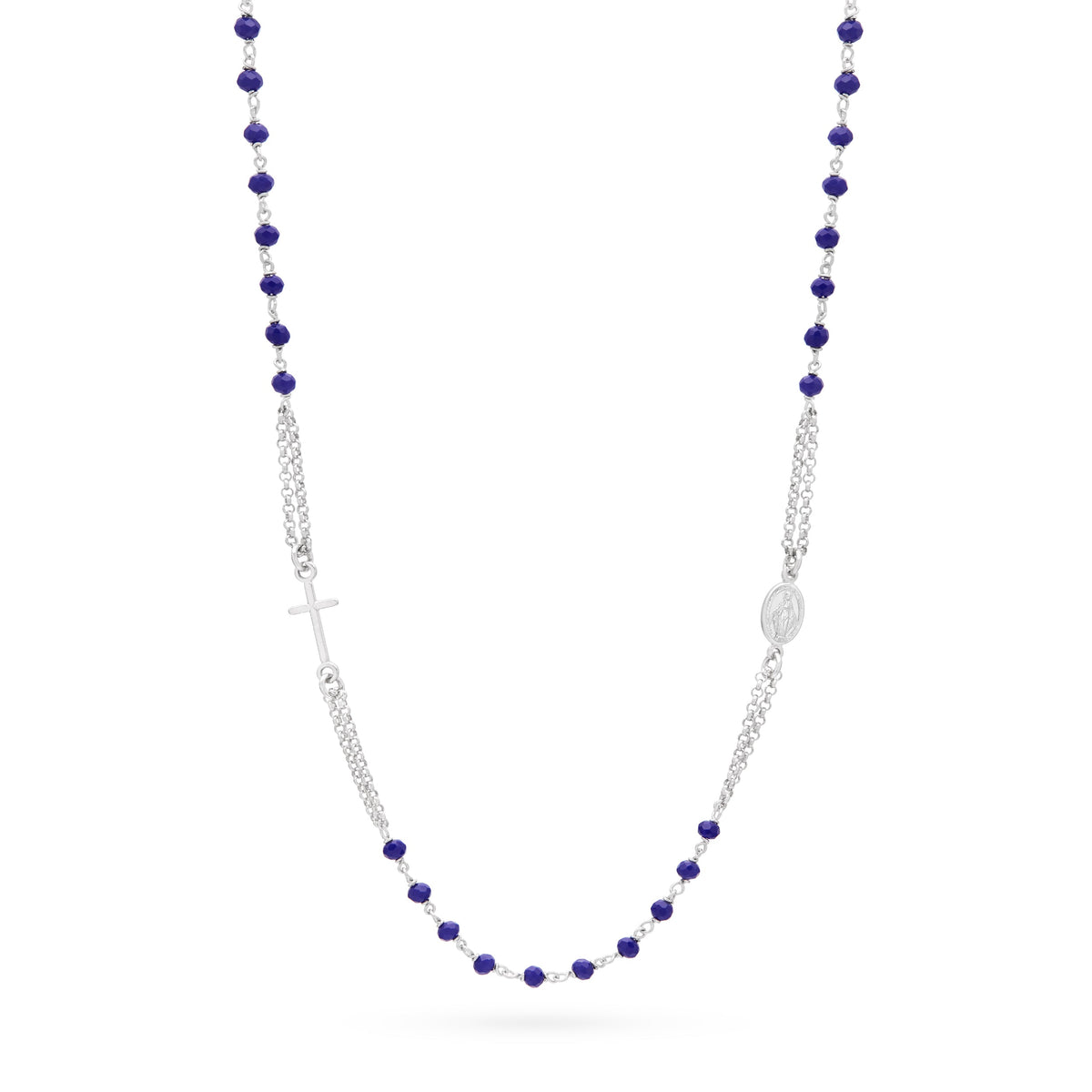 Sterling Silver Double Strand Rosary Necklace with Blue Beads