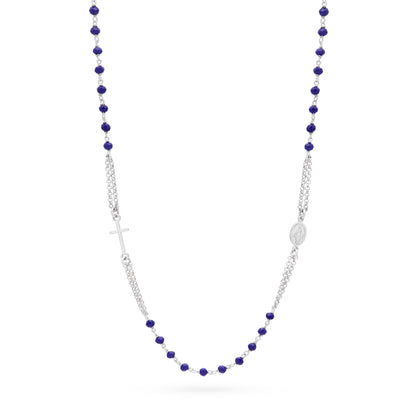 Sterling Silver Double Strand Rosary Necklace with Blue Beads