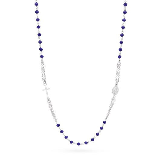 Sterling Silver Double Strand Rosary Necklace with Blue Beads