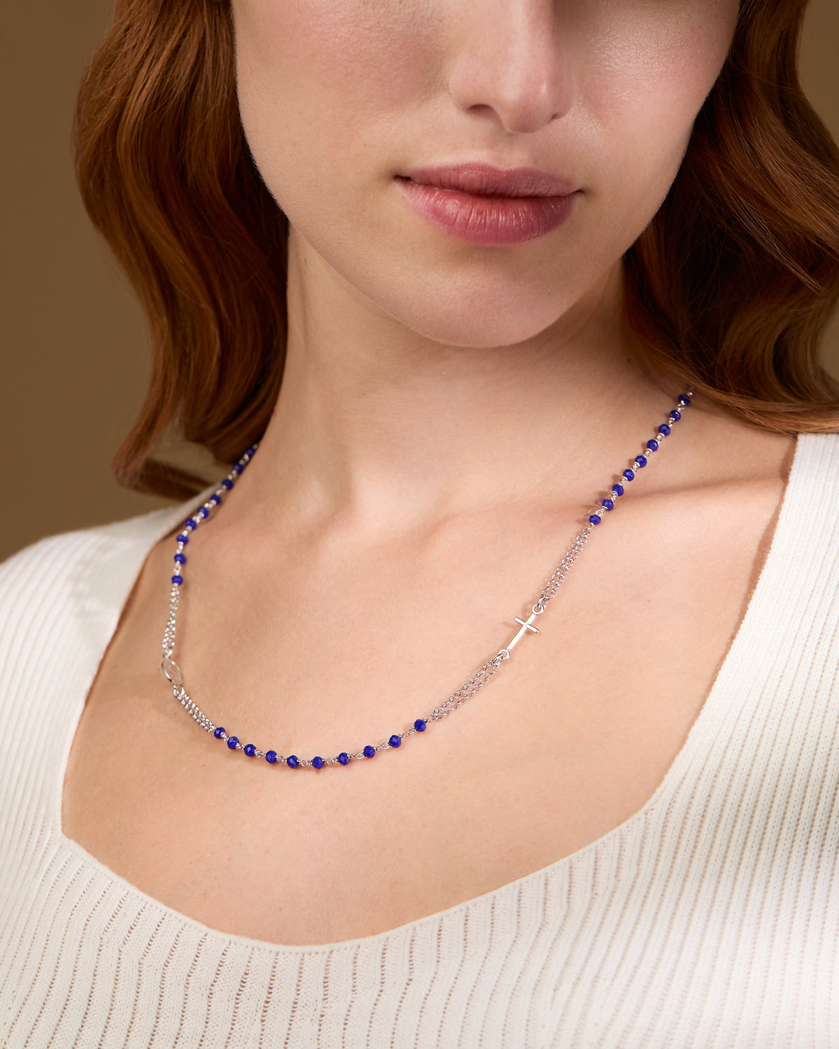 Sterling Silver Double Strand Rosary Necklace with Blue Beads