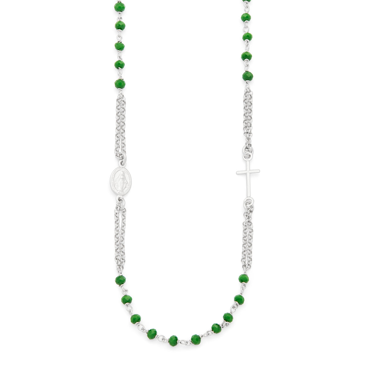 Sterling Silver Double Strand Rosary Necklace with Green Beads