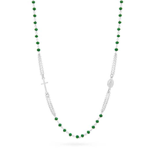 Sterling Silver Double Strand Rosary Necklace with Green Beads
