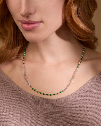 Sterling Silver Double Strand Rosary Necklace with Green Beads