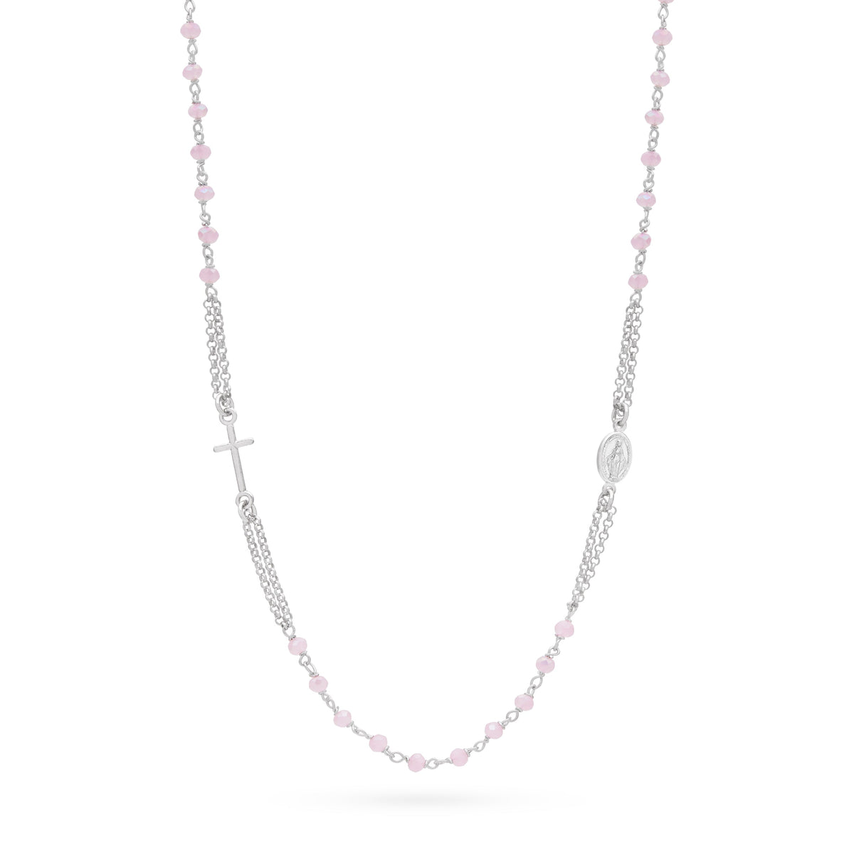 Sterling Silver Double Strand Rosary Necklace with Light Pink Beads