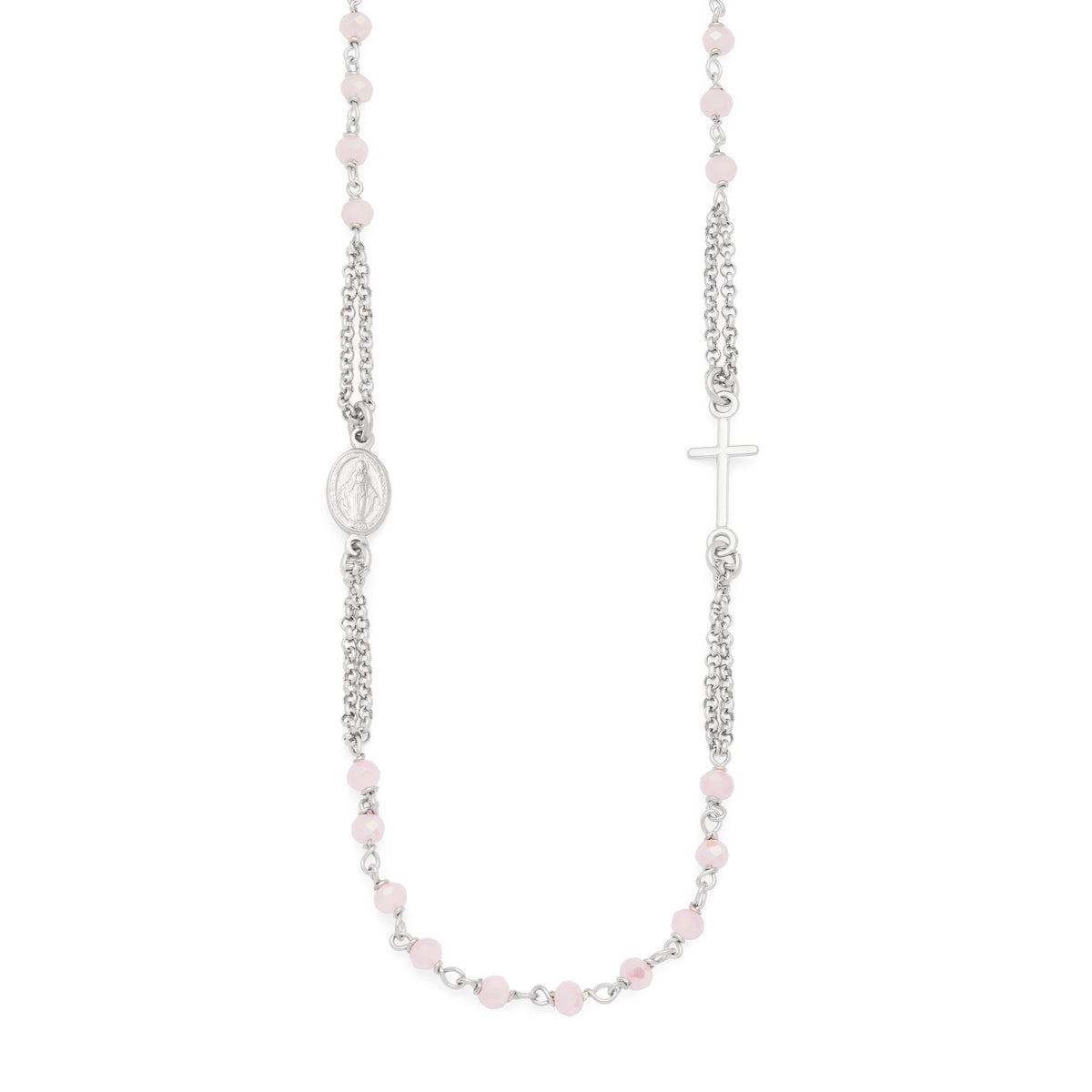 Sterling Silver Double Strand Rosary Necklace with Light Pink Beads