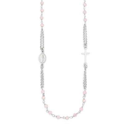 Sterling Silver Double Strand Rosary Necklace with Light Pink Beads