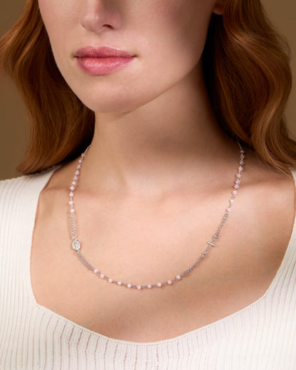 Sterling Silver Double Strand Rosary Necklace with Light Pink Beads