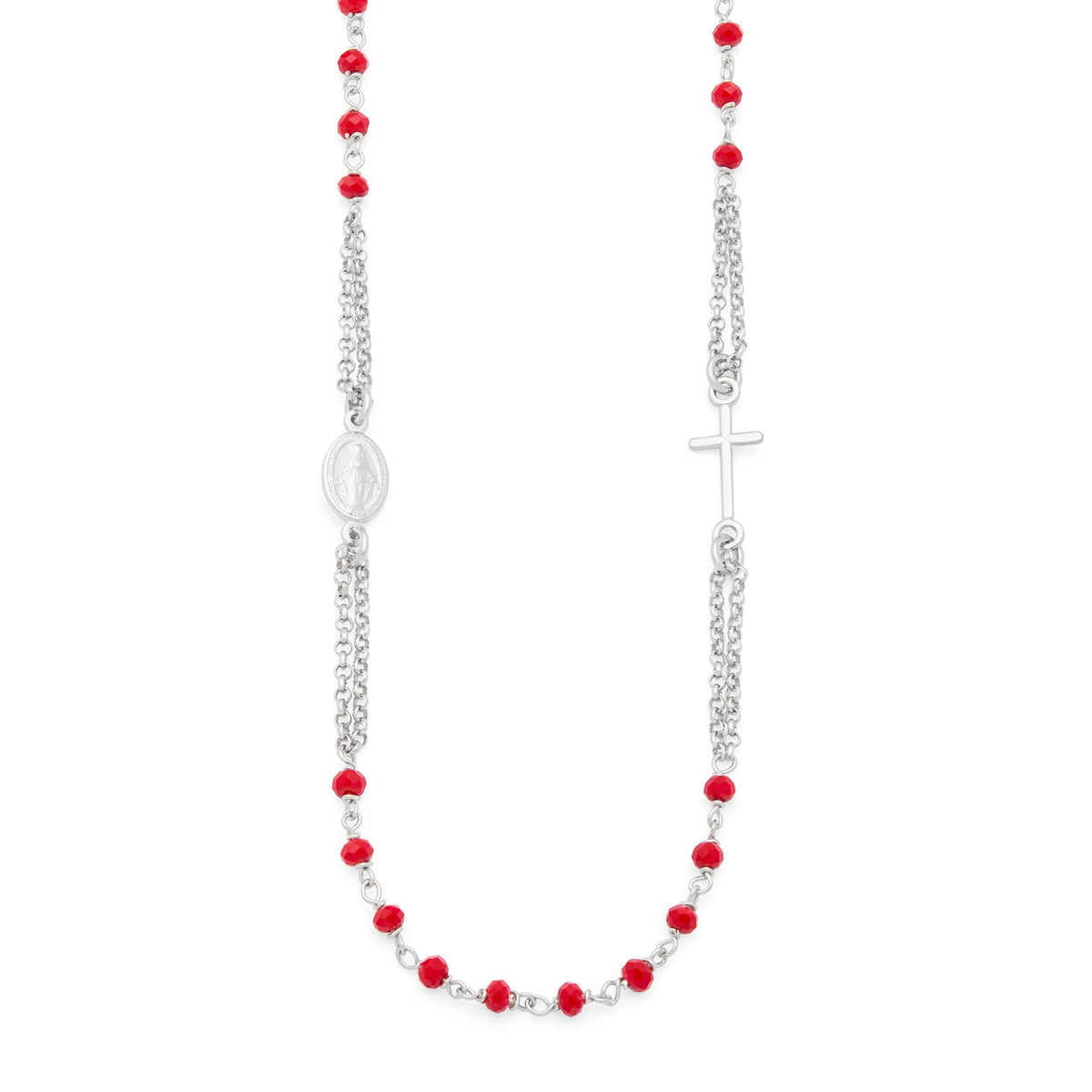 Sterling Silver Double Strand Rosary Necklace with Red Beads