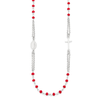 Sterling Silver Double Strand Rosary Necklace with Red Beads