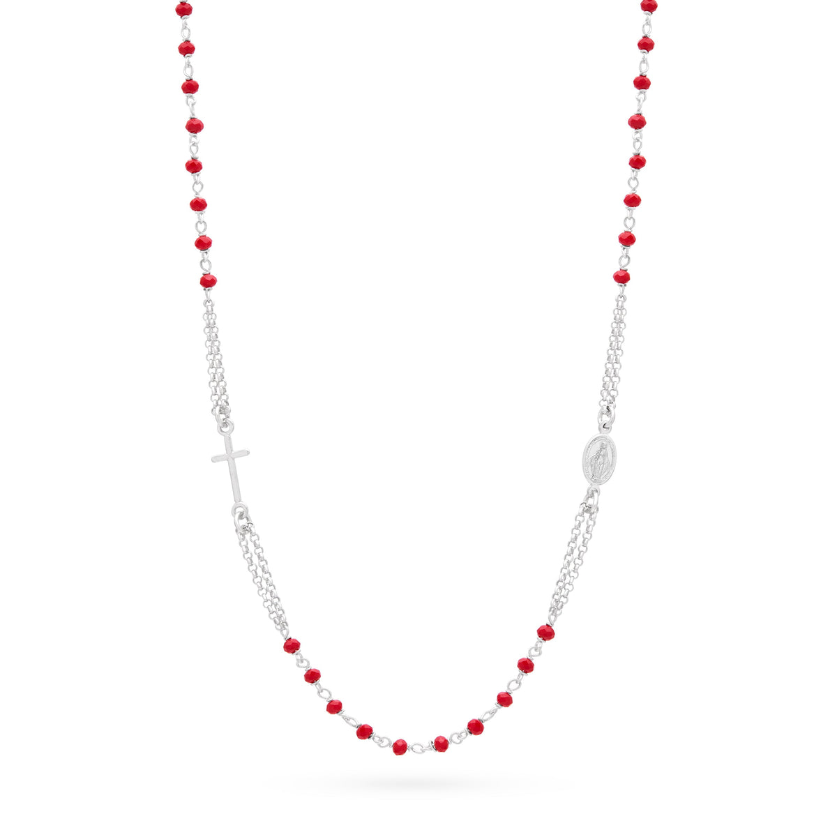Sterling Silver Double Strand Rosary Necklace with Red Beads