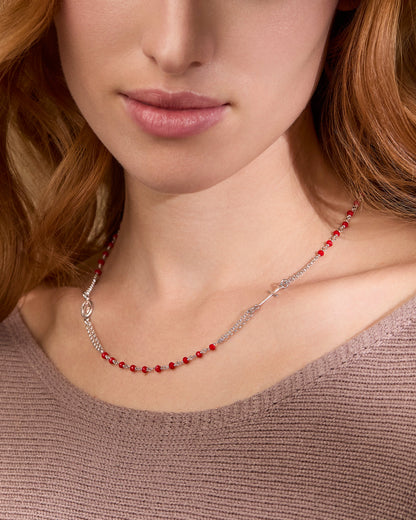 Sterling Silver Double Strand Rosary Necklace with Red Beads