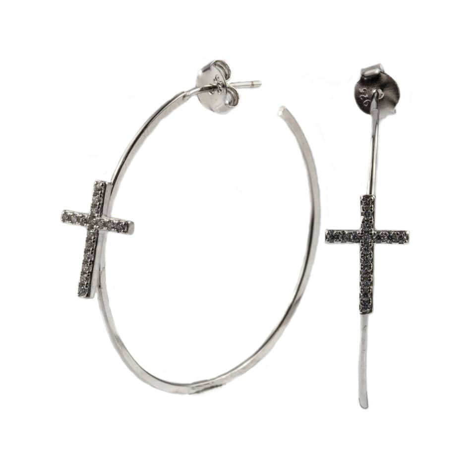 Sterling Silver Hoop Earrings with Cross in Crystal