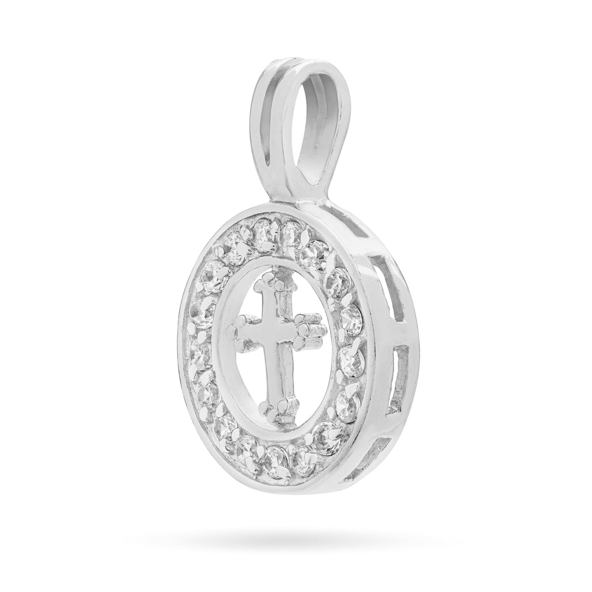 Sterling Silver Medal Pendant With Cross and Cubic Zirconia Frame