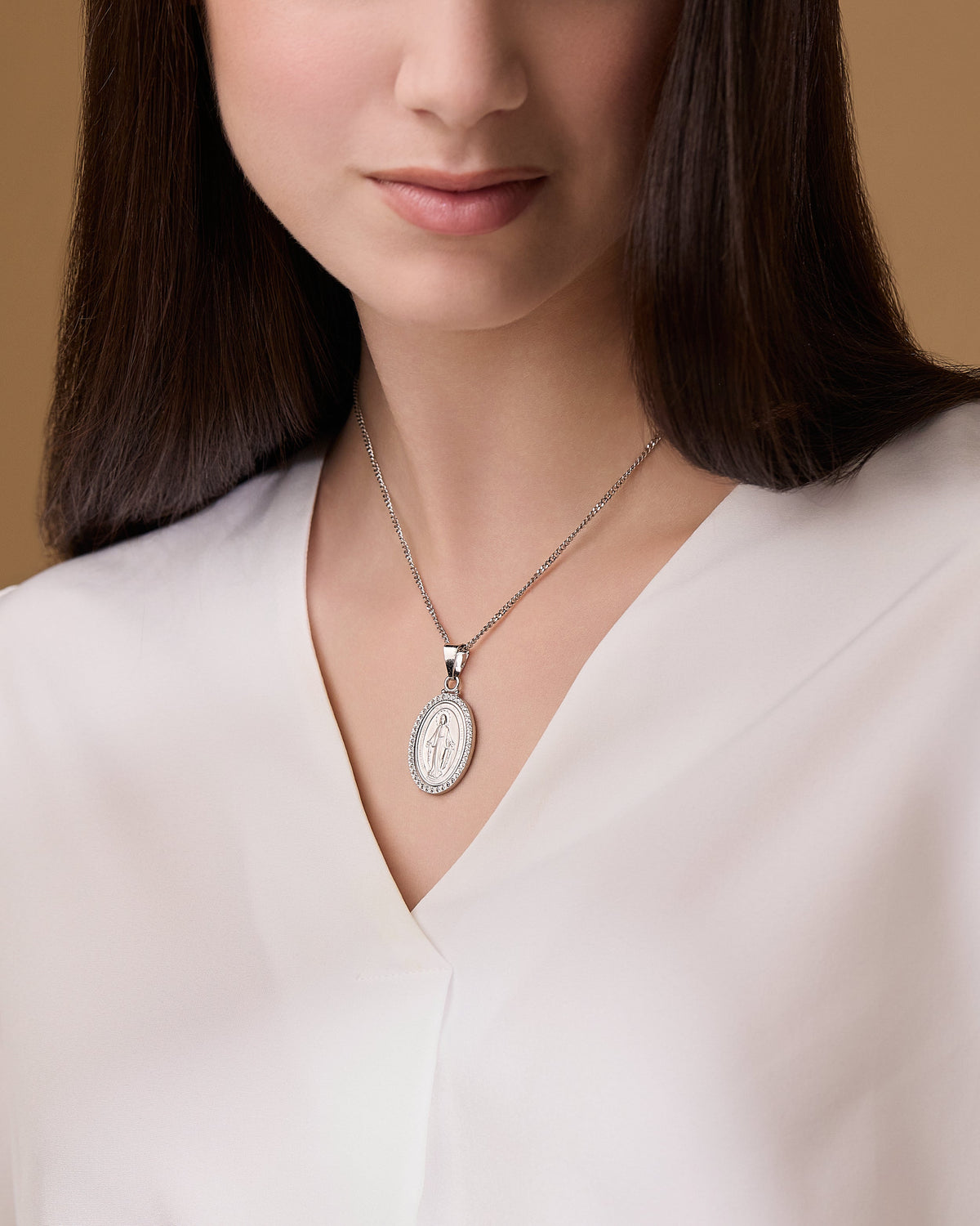 Sterling Silver Miraculous Medal with Cubic Zirconia