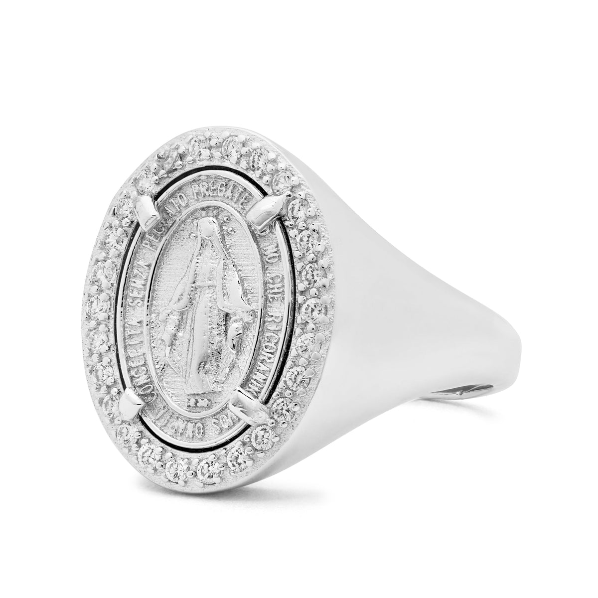 Sterling Silver Adjustable Chevalier Ring With Miraculous Medal And Cubic Zirconia Details