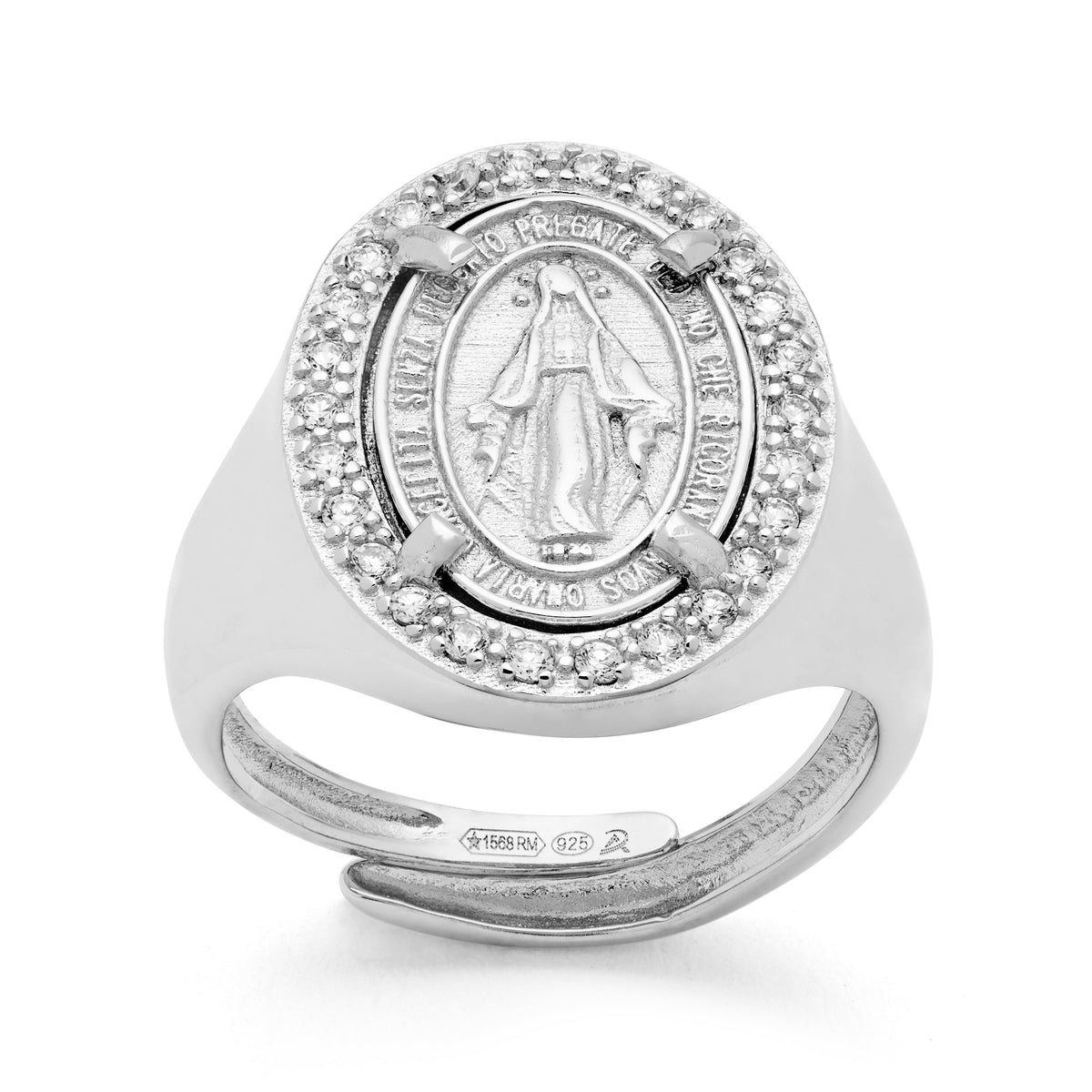 Sterling Silver Adjustable Chevalier Ring With Miraculous Medal And Cubic Zirconia Details