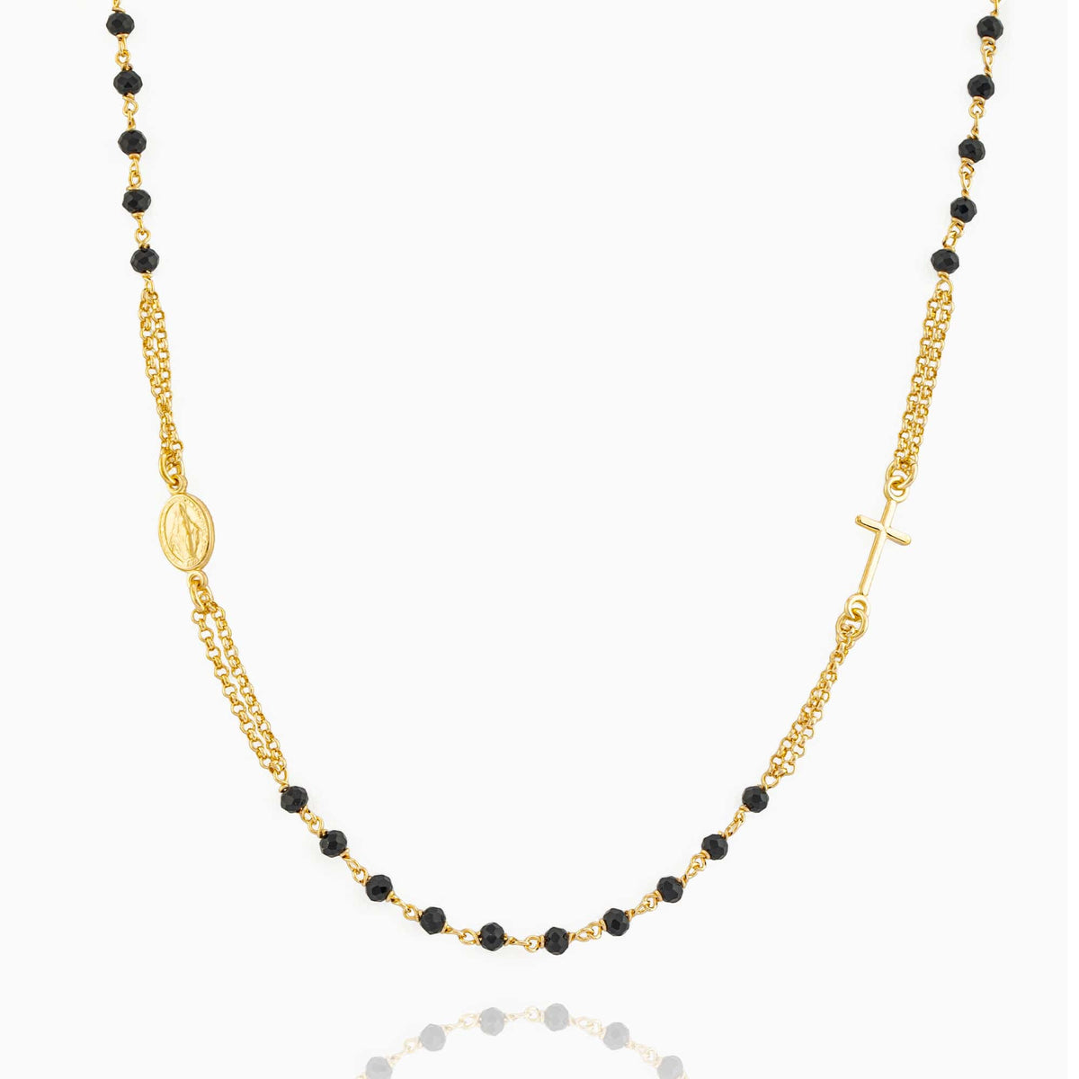 STERLING SILVER NECKLACE ROSARY BLACK BEADS