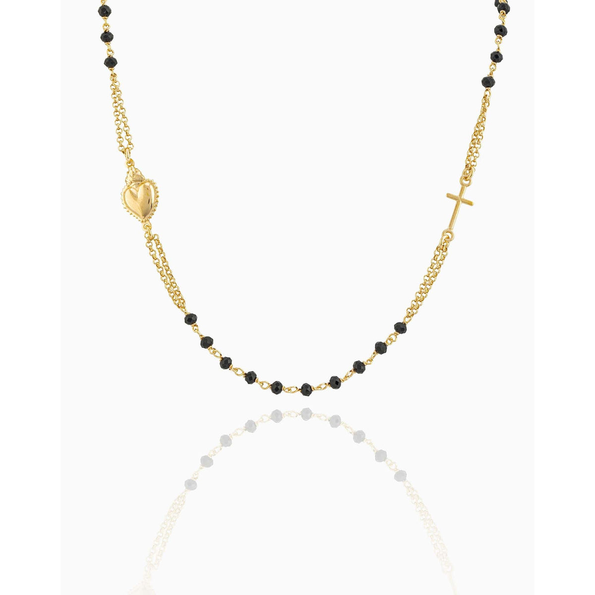 Gold-plated Silver Double Strand Rosary Necklace with Black Beads and the Sacred Heart of Jesus