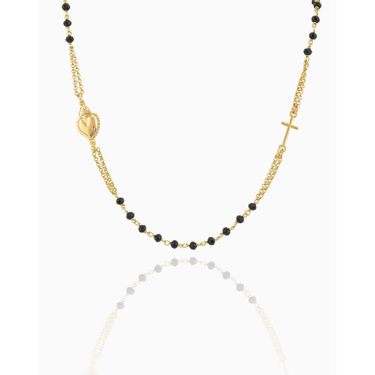 STERLING SILVER PLATED SACRED HEART 3 MM BLACK BEADS NECKLACE