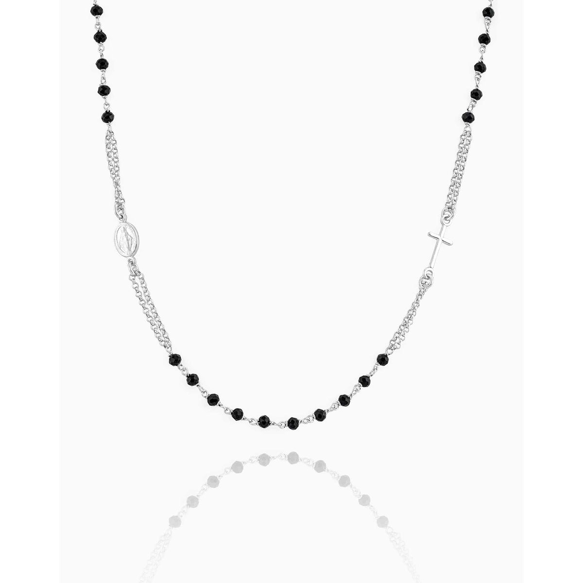 STERLING SILVER PLATED SACRED HEART 3 MM BLACK BEADS NECKLACE