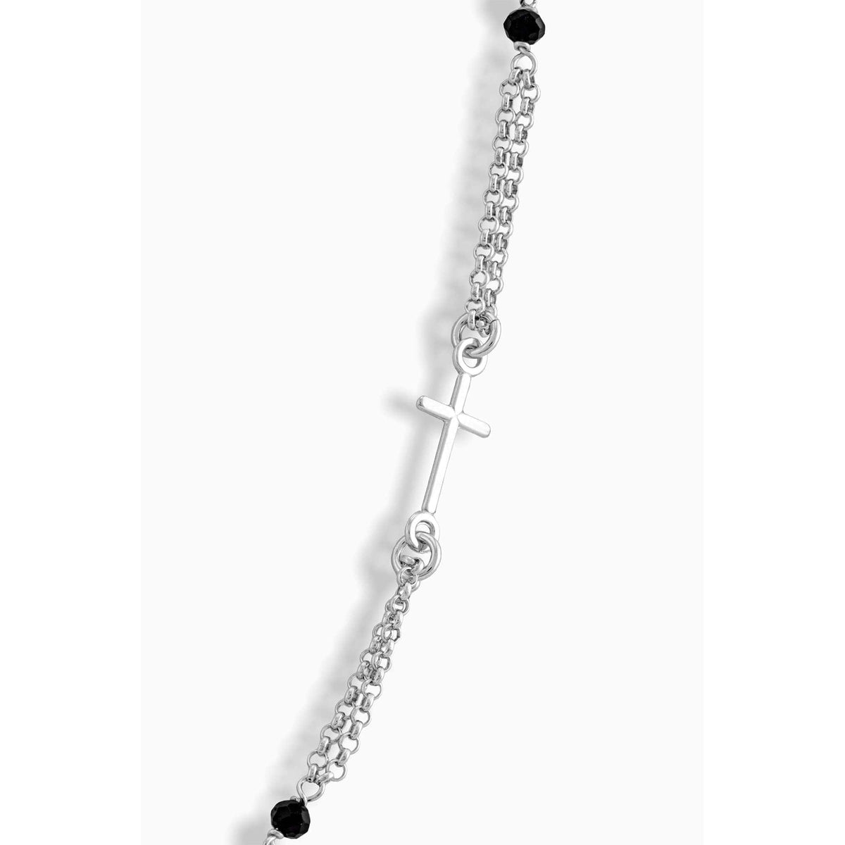 STERLING SILVER PLATED SACRED HEART 3 MM BLACK BEADS NECKLACE