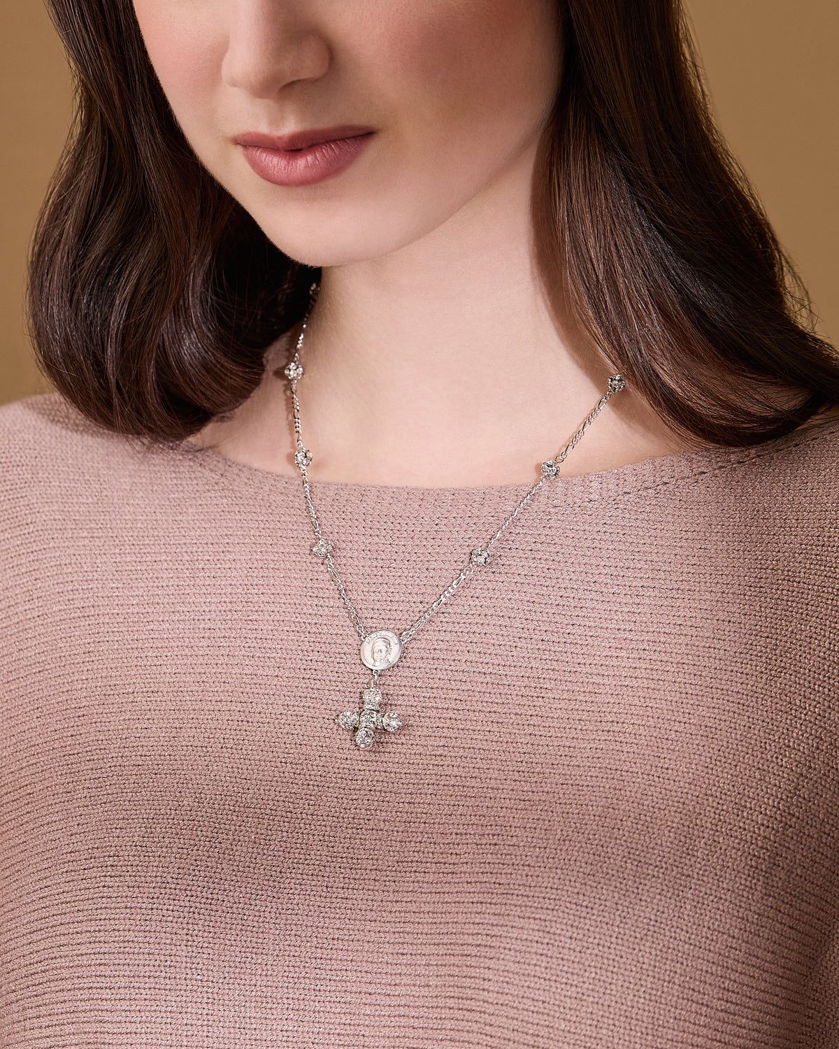 Sterling Silver Pope Leo XIV Necklace with Rhinestone Beads