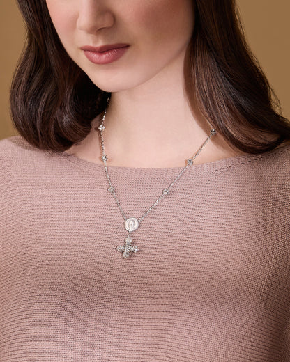 Sterling Silver Pope Leo XIV Necklace with Rhinestone Beads