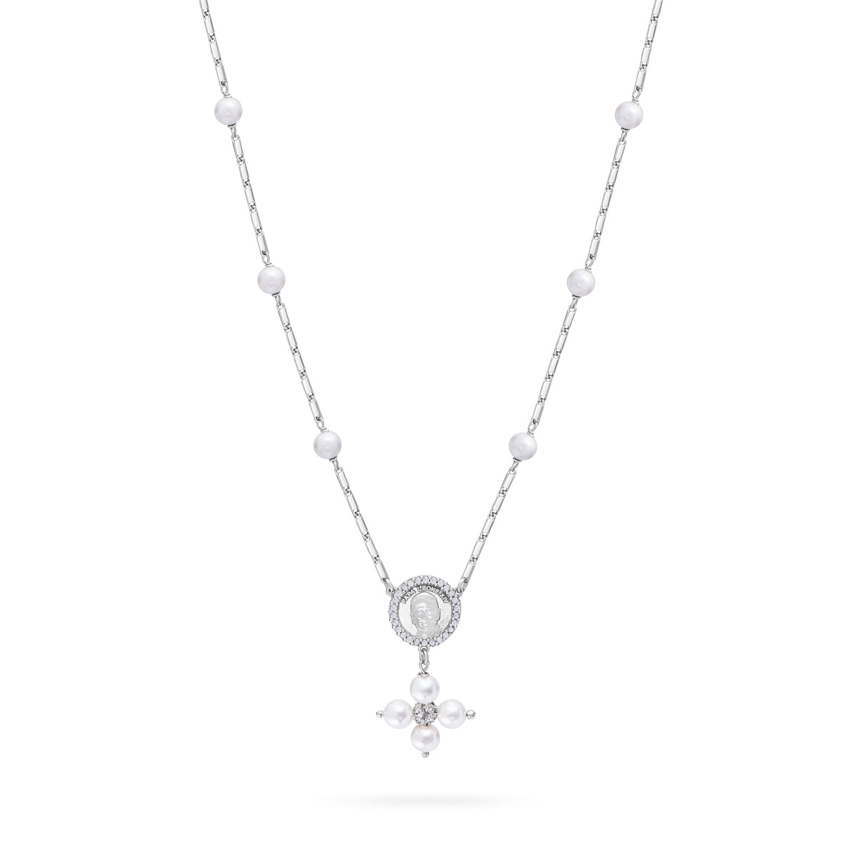 Sterling Silver Pope Leo XIV Necklace with White Pearl Beads and Rhinestone Centerpiece