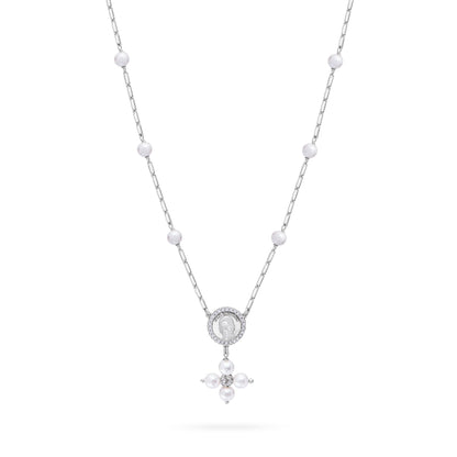 Sterling Silver Pope Leo XIV Necklace with White Pearl Beads and Rhinestone Centerpiece