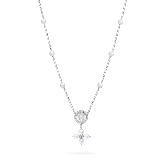 Sterling Silver Pope Leo XIV Necklace with White Pearl Beads and Rhinestone Centerpiece