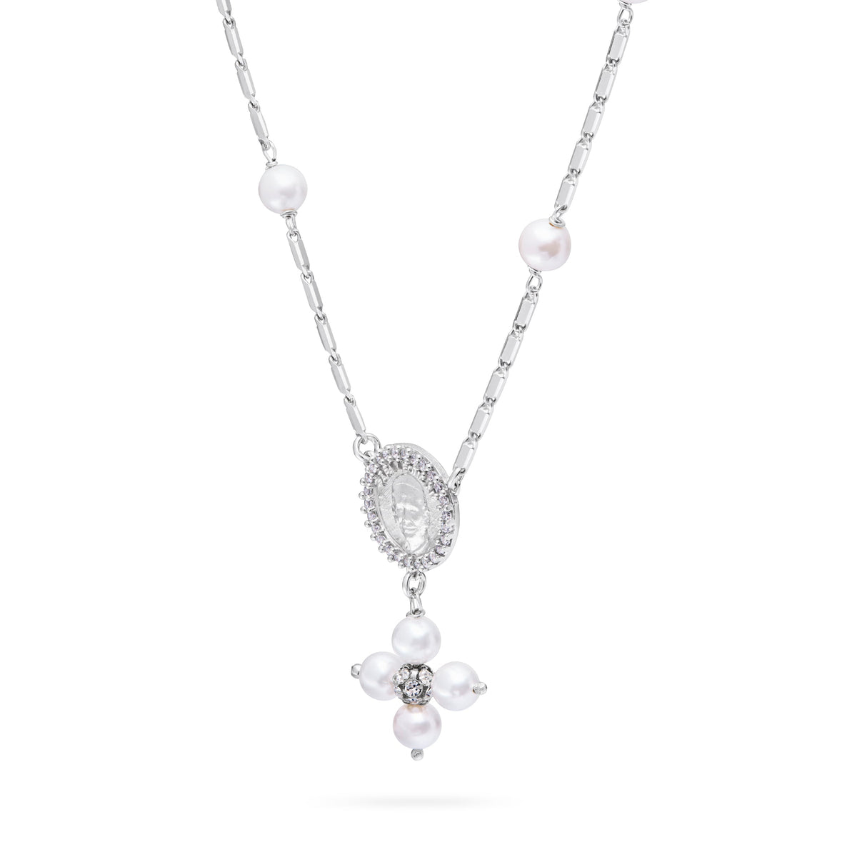 Sterling Silver Pope Leo XIV Necklace with White Pearl Beads and Rhinestone Centerpiece