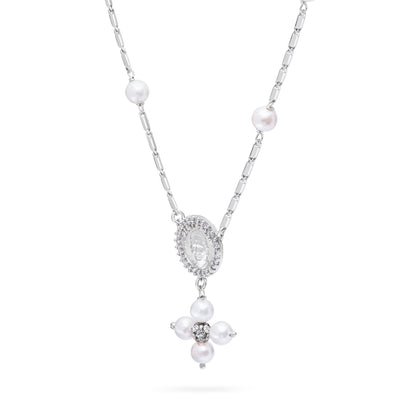 Sterling Silver Pope Leo XIV Necklace with White Pearl Beads and Rhinestone Centerpiece