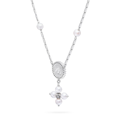 Sterling Silver Pope Leo XIV Necklace with White Pearl Beads and Rhinestone Centerpiece
