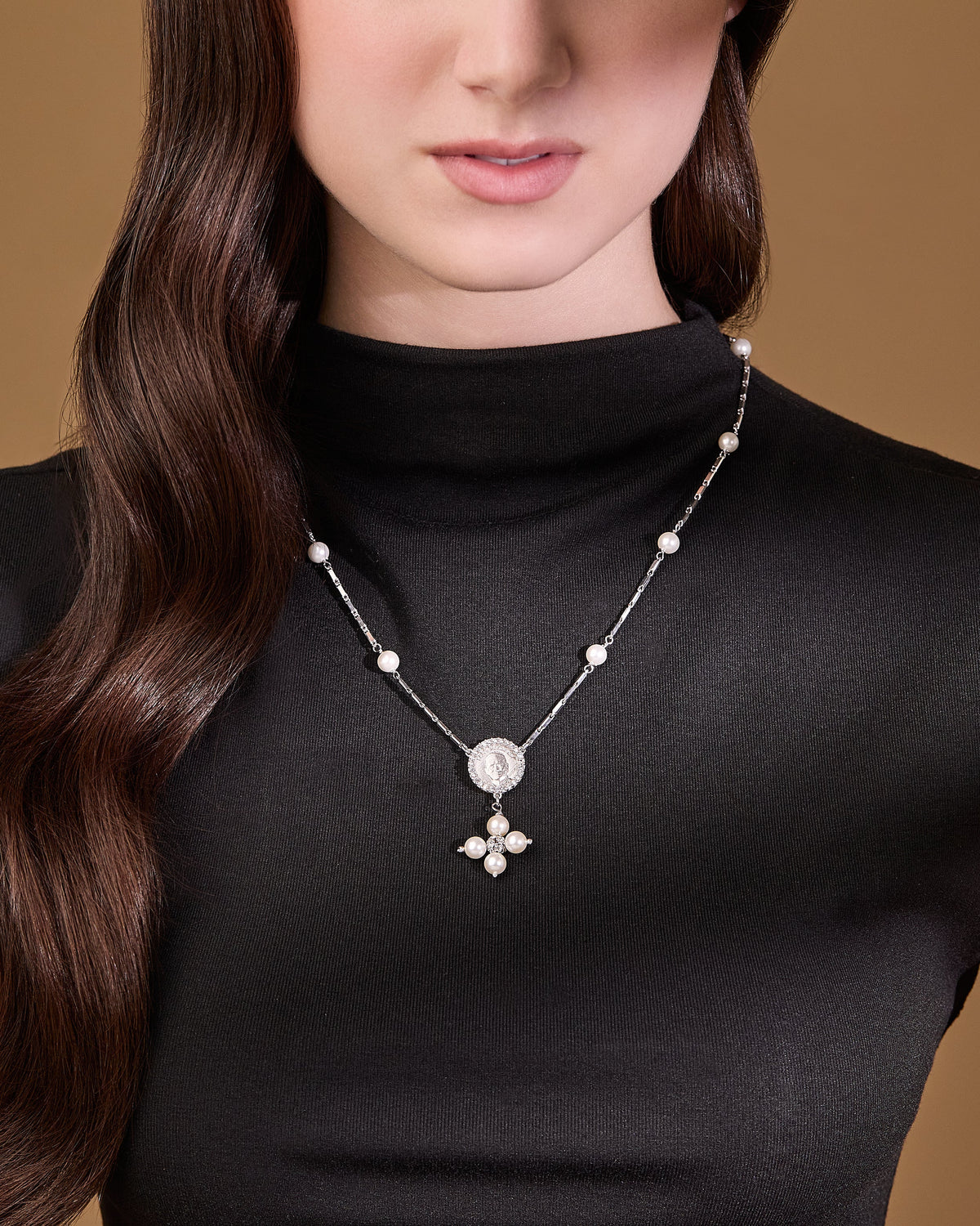 Sterling Silver Pope Leo XIV Necklace with White Pearl Beads and Rhinestone Centerpiece