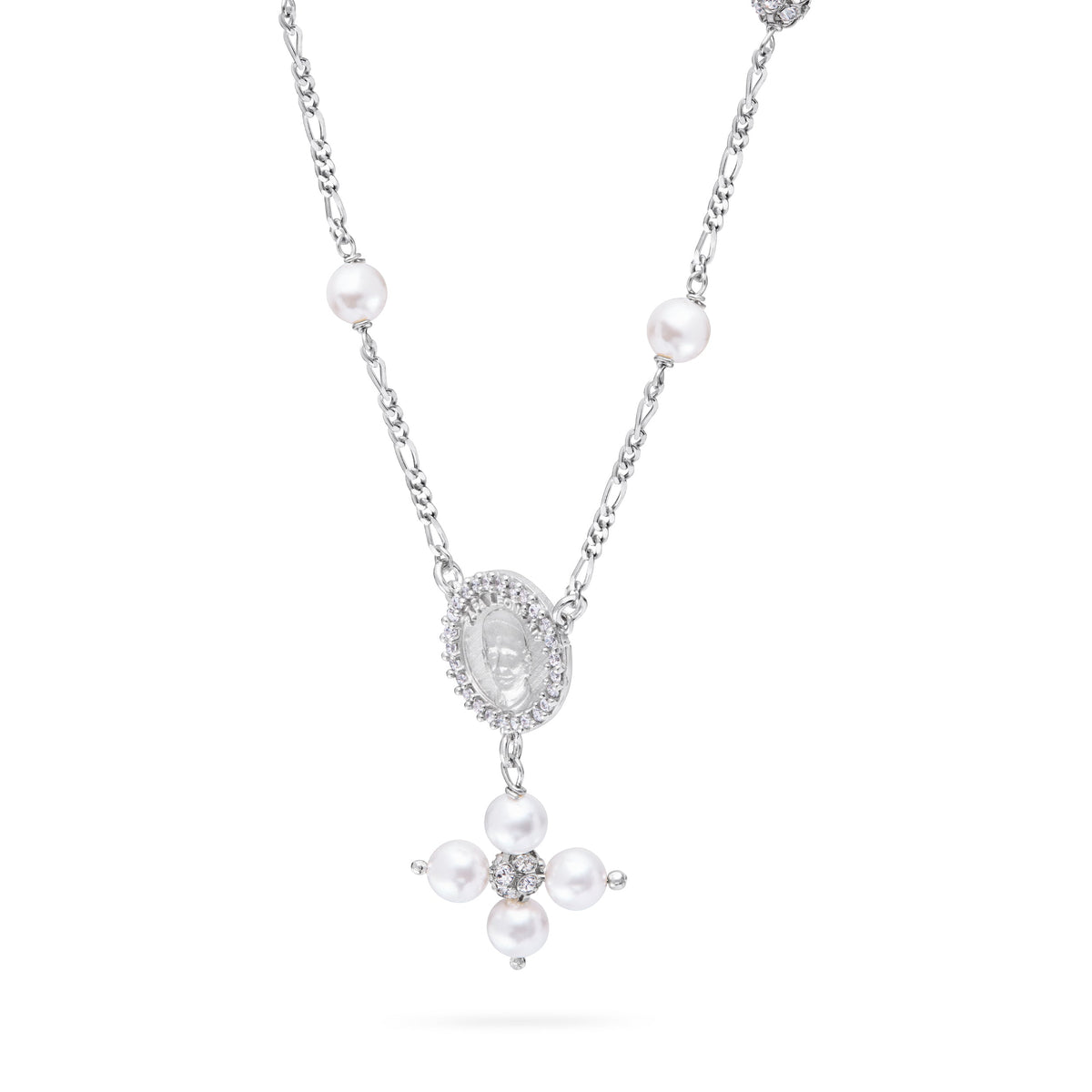 Sterling Silver Pope Leo XIV Necklace with White Pearls and Rhinestone Beads