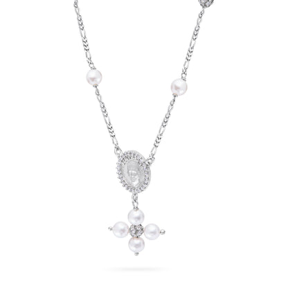 Sterling Silver Pope Leo XIV Necklace with White Pearls and Rhinestone Beads