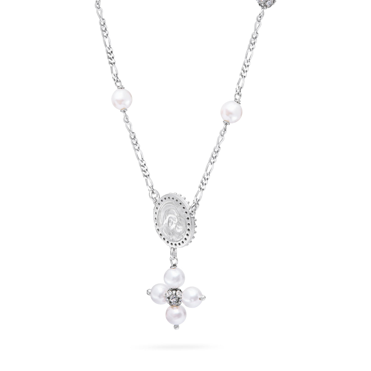 Sterling Silver Pope Leo XIV Necklace with White Pearls and Rhinestone Beads