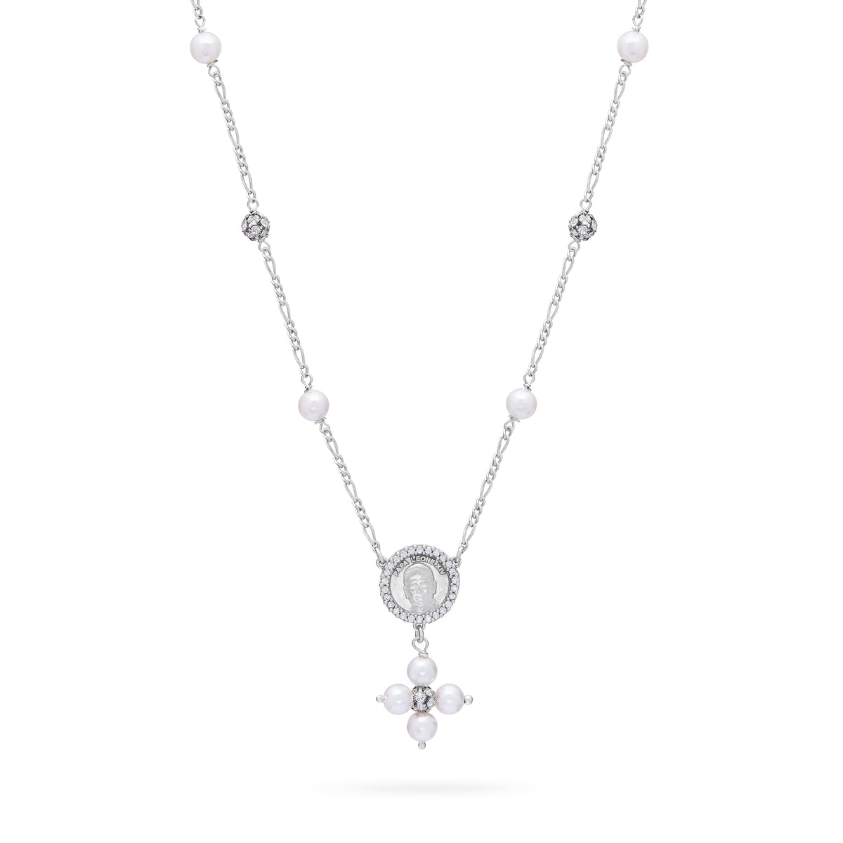Sterling Silver Pope Leo XIV Necklace with White Pearls and Rhinestone Beads