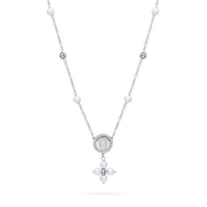 Sterling Silver Pope Leo XIV Necklace with White Pearls and Rhinestone Beads